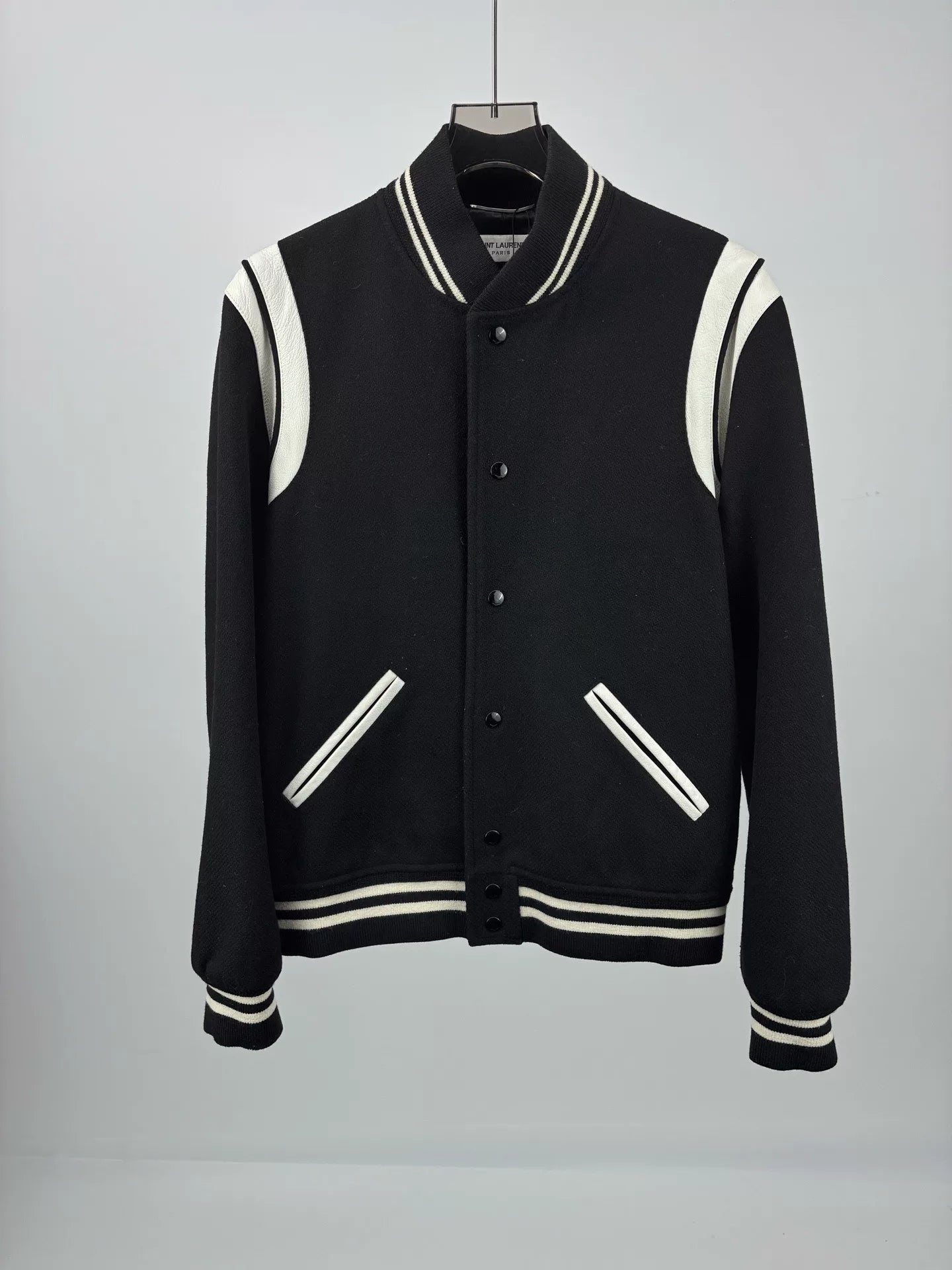 Saint Laurent Paris Leather Sleeve Baseball Jacket