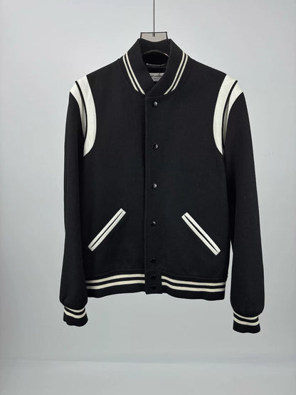 Saint Laurent Paris Leather Sleeve Baseball Jacket