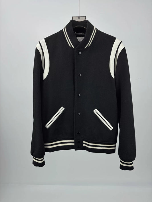 Saint Laurent Paris Leather Sleeve Baseball Jacket