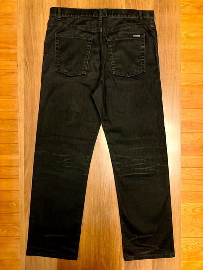 saint laurent black straight-leg waxed jeans