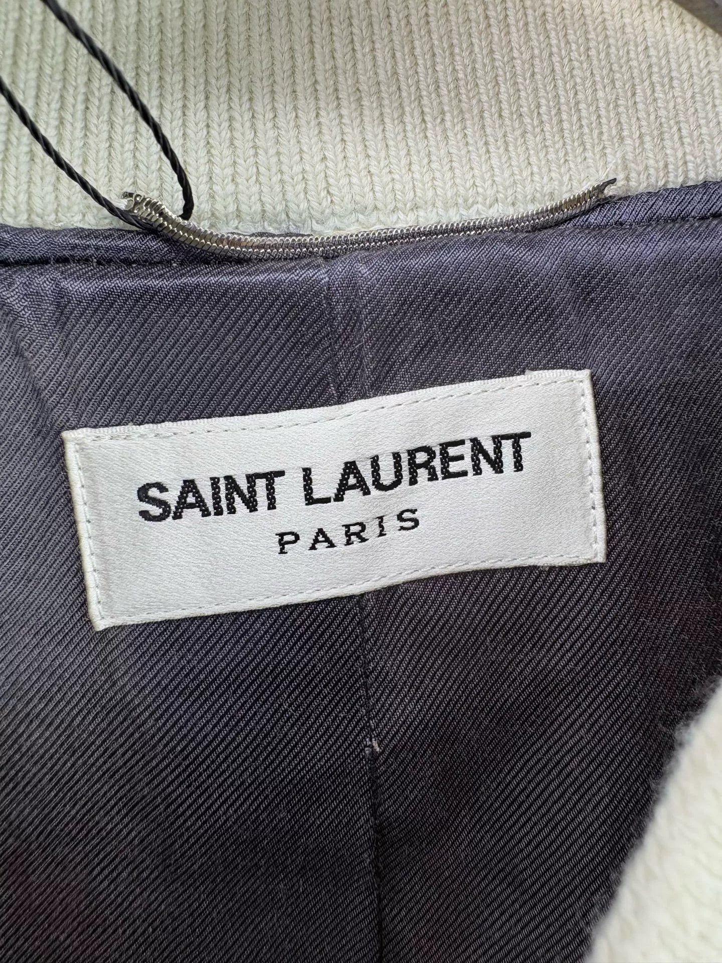 SAINT LAURENT White Leather Sleeve Baseball Jacket
