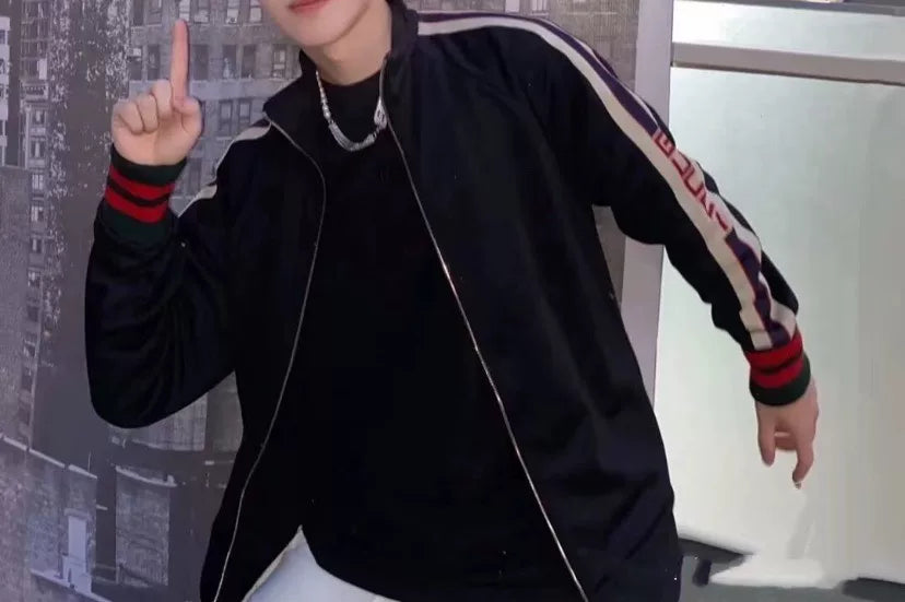 gucci black logo jacket with side stripes