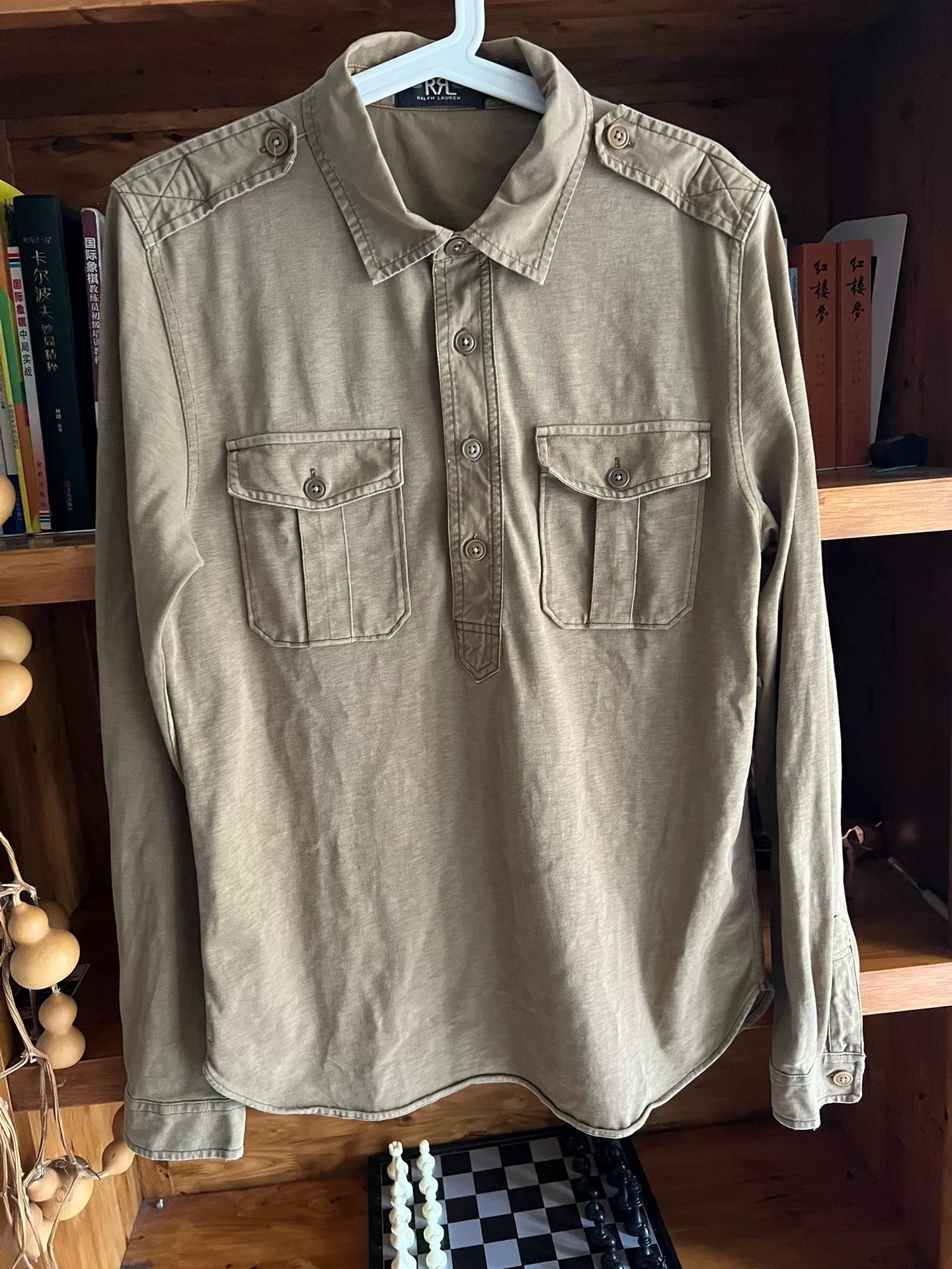 khaki military style pullover shirt jacket