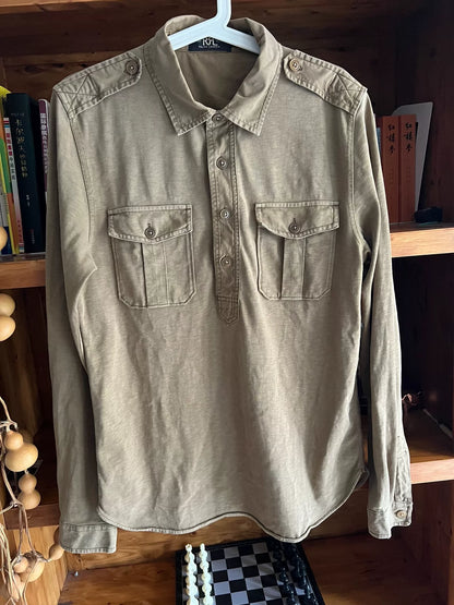 khaki military style pullover shirt jacket