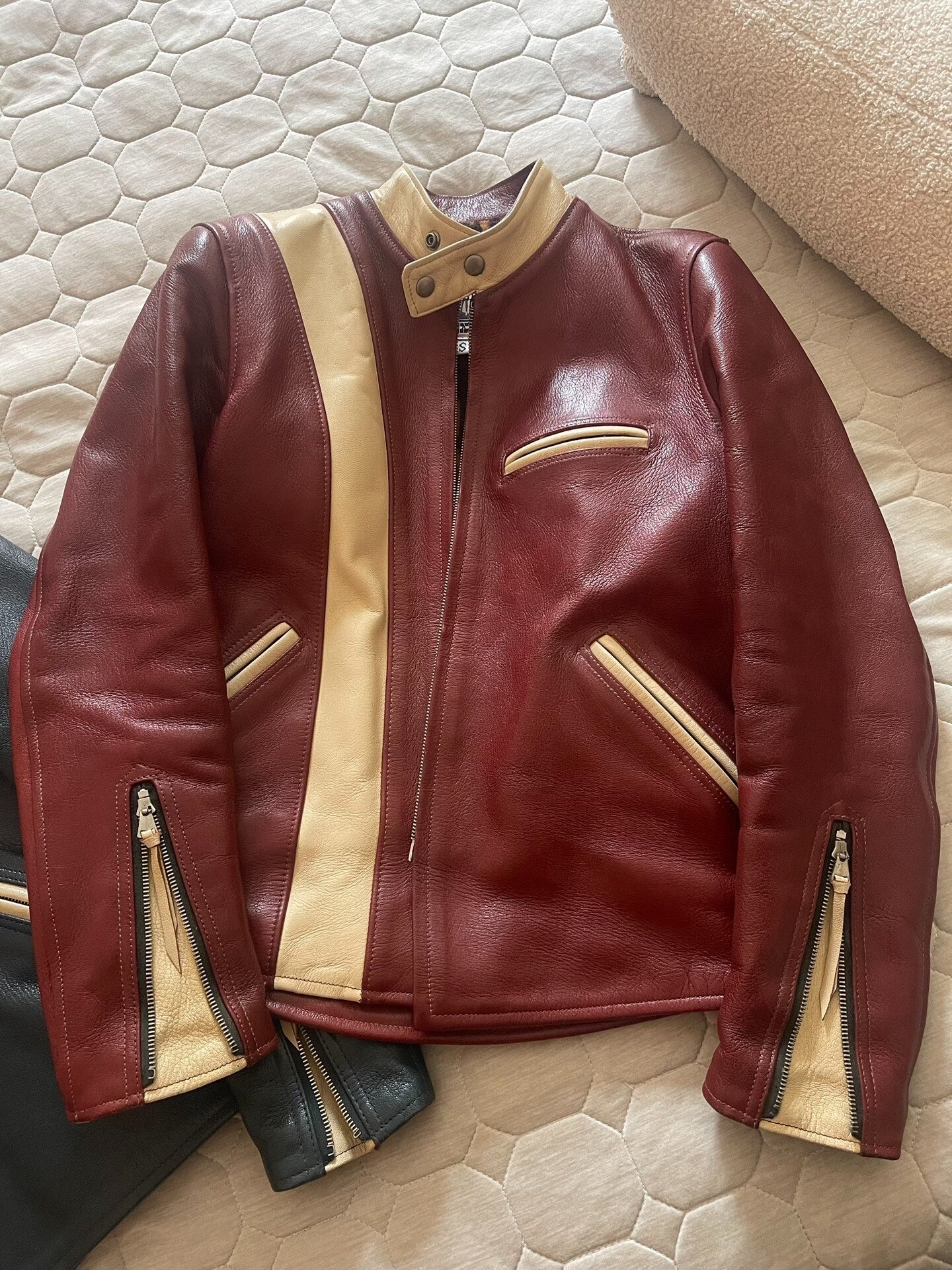 color-blocked leather motorcycle jackets