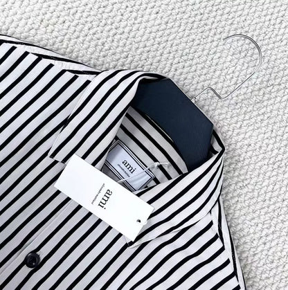 black and white striped short sleeve shirt