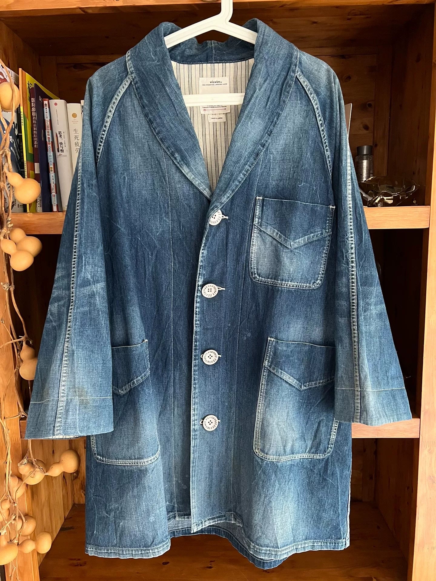 visvim four corners coat in blue denim