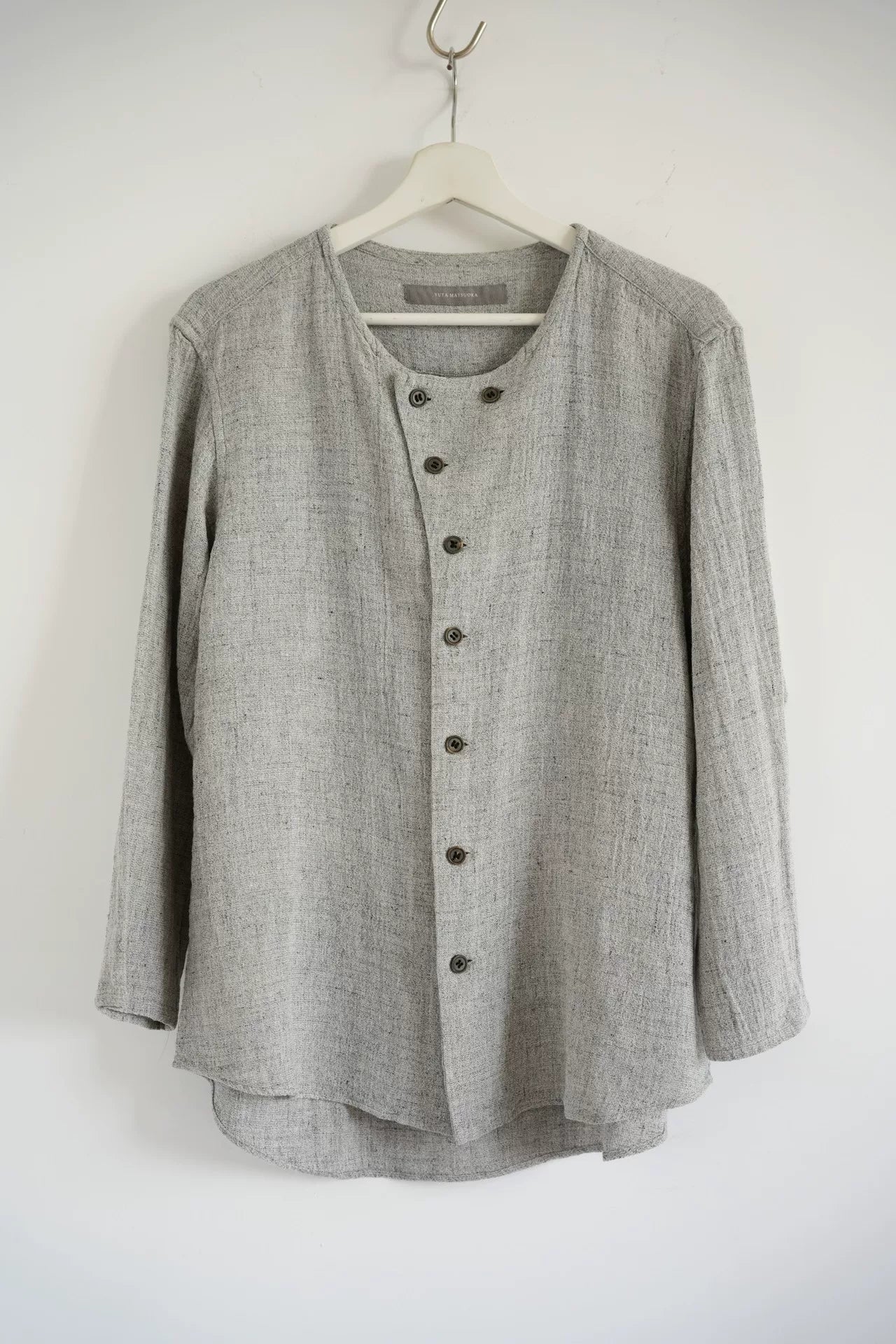 gray linen button-up shirt by Yuta Matsuoka