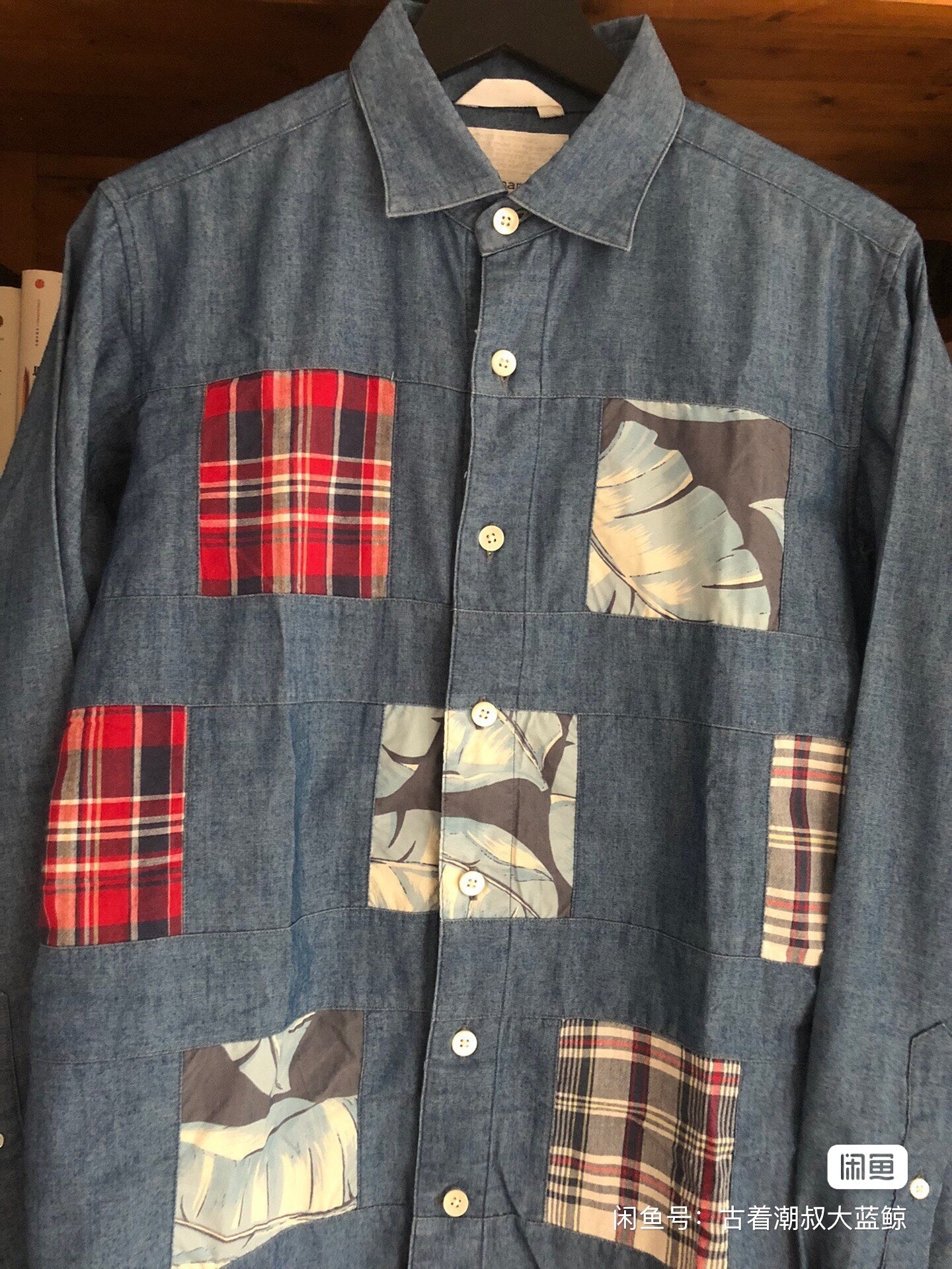 blue patchwork button-up shirt for summer