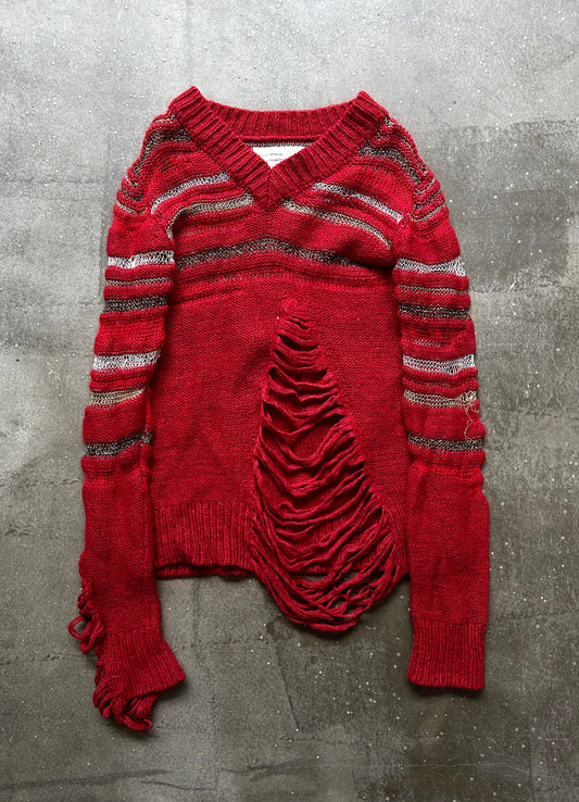 red knit distressed long sleeve sweater