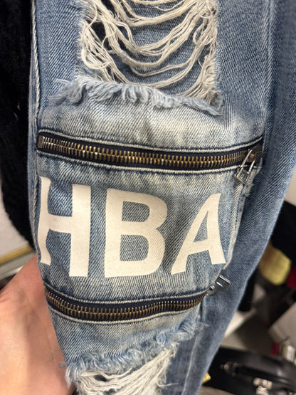 blue shredder zip jeans with distressed details