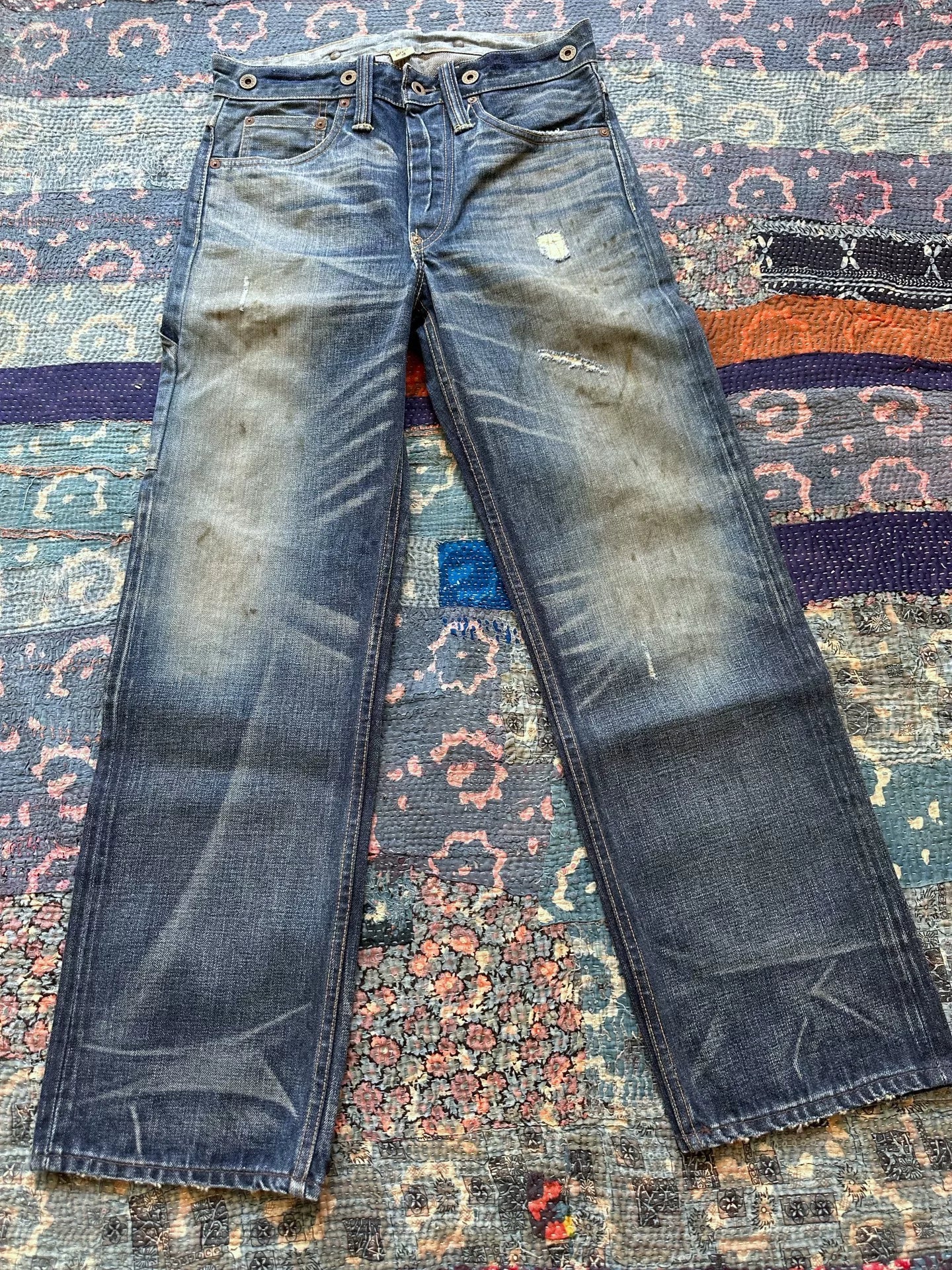 rrl distressed denim jeans with holes
