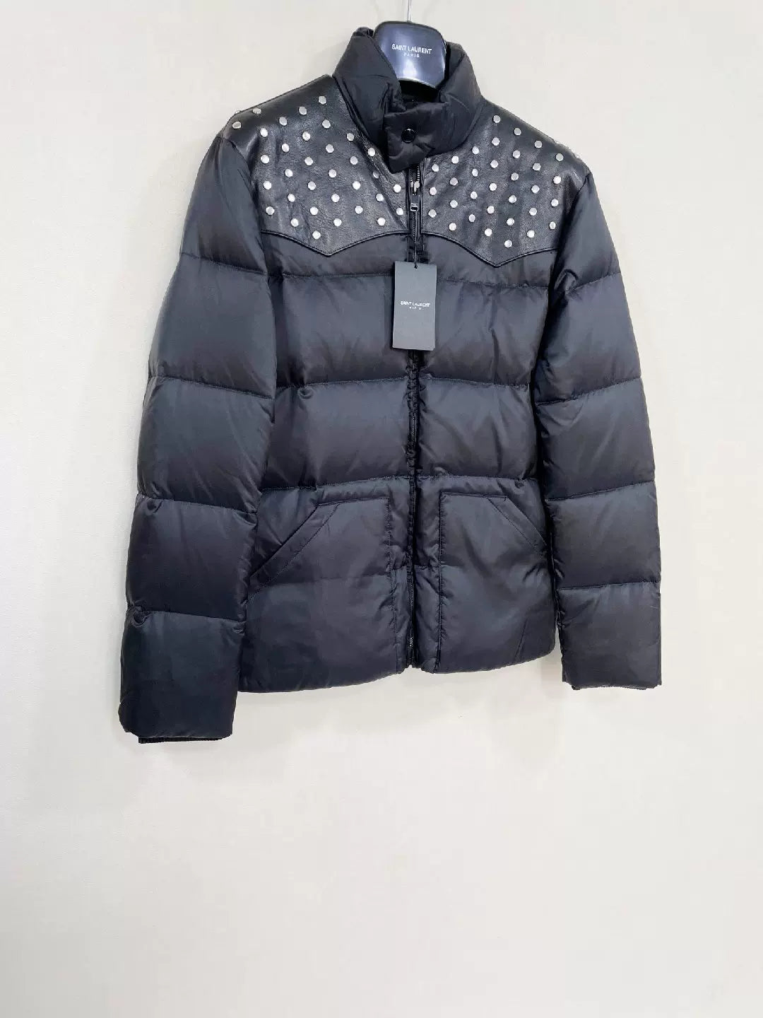 Saint Laurent Black Studded Leather Puffer Jacket