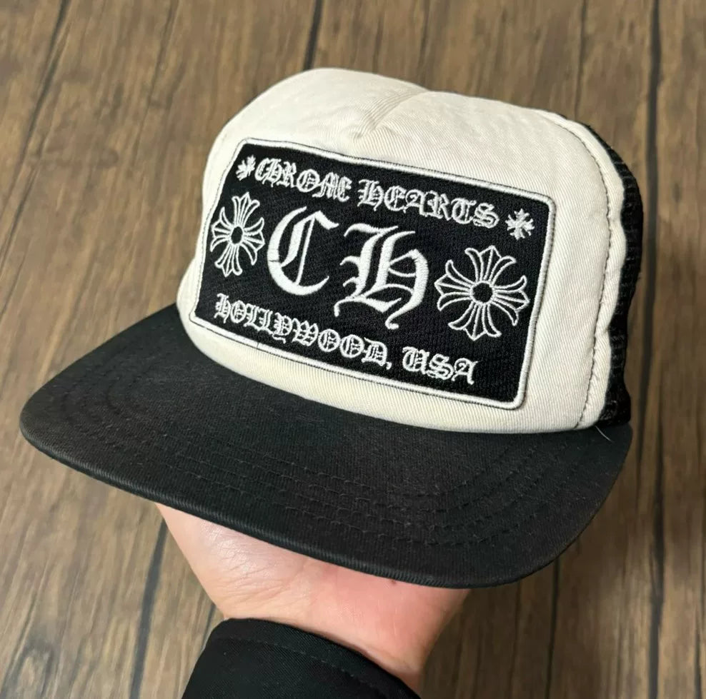 chrome hearts black and white trucker cap