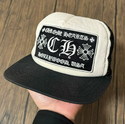 chrome hearts black and white trucker cap