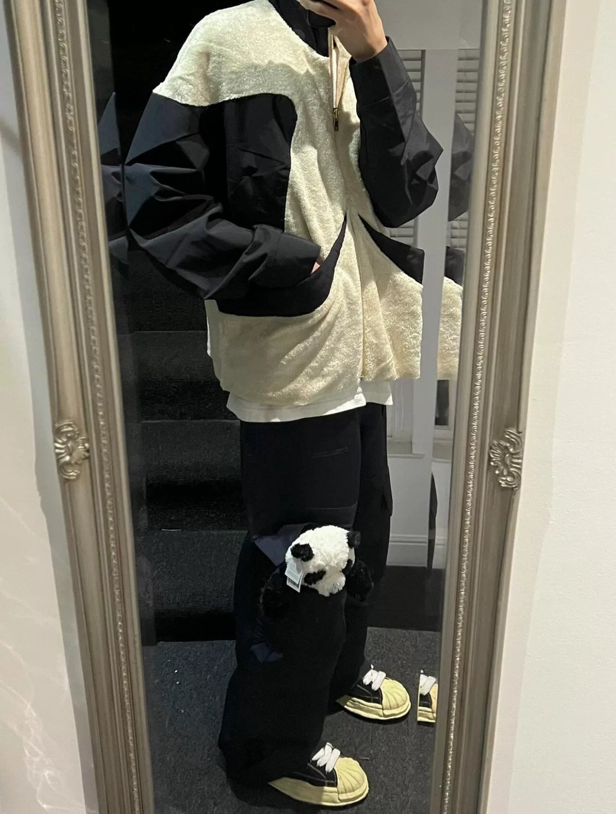 black and white fleece jacket with color blocking