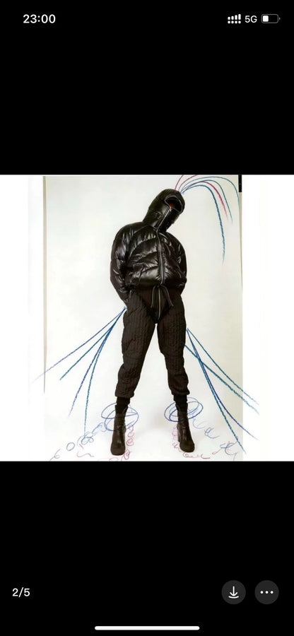 oversized gray-black leather cap puffer jacket