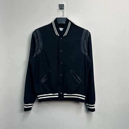Saint Laurent Black Leather Sleeve Baseball Jacket