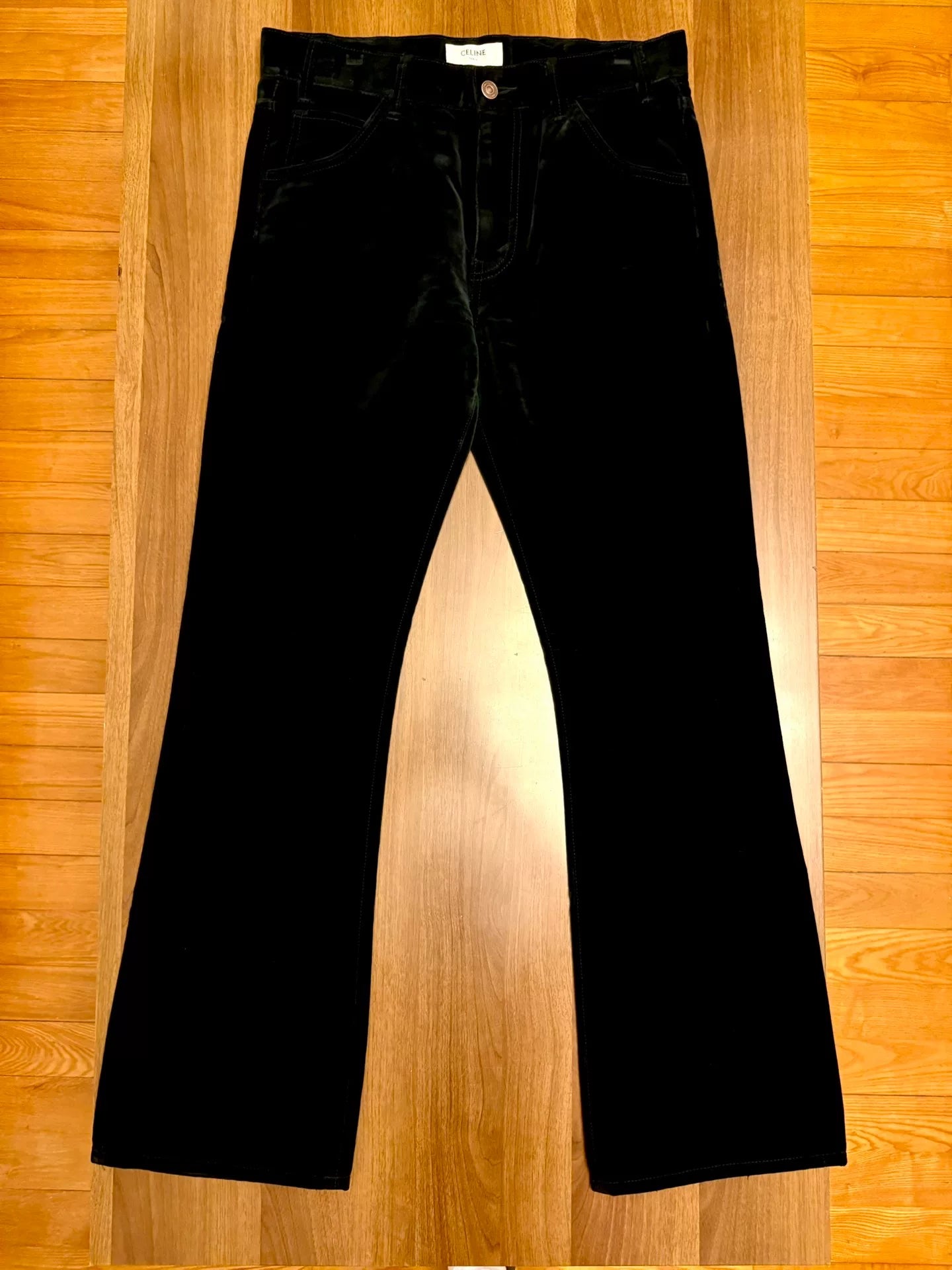 celine black velvet flared trousers