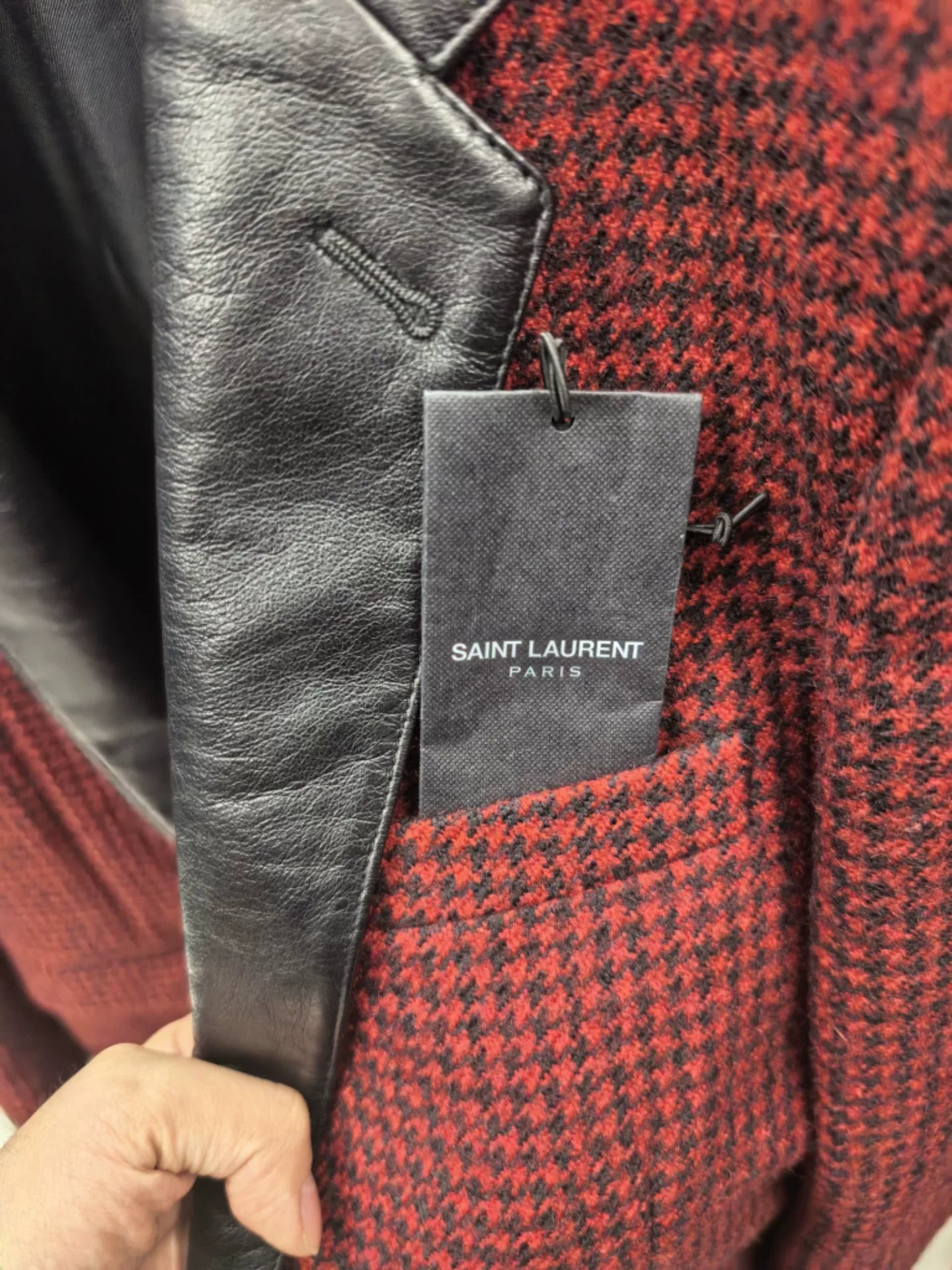 Saint Laurent Houndstooth Leather Collar Blazer