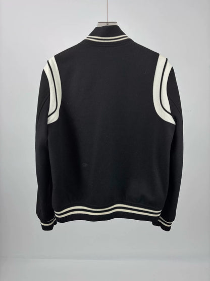 Saint Laurent Paris Leather Sleeve Baseball Jacket