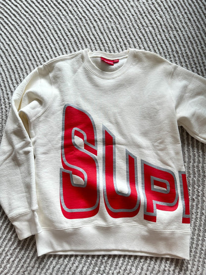 supreme sweatshirt in white with red logo