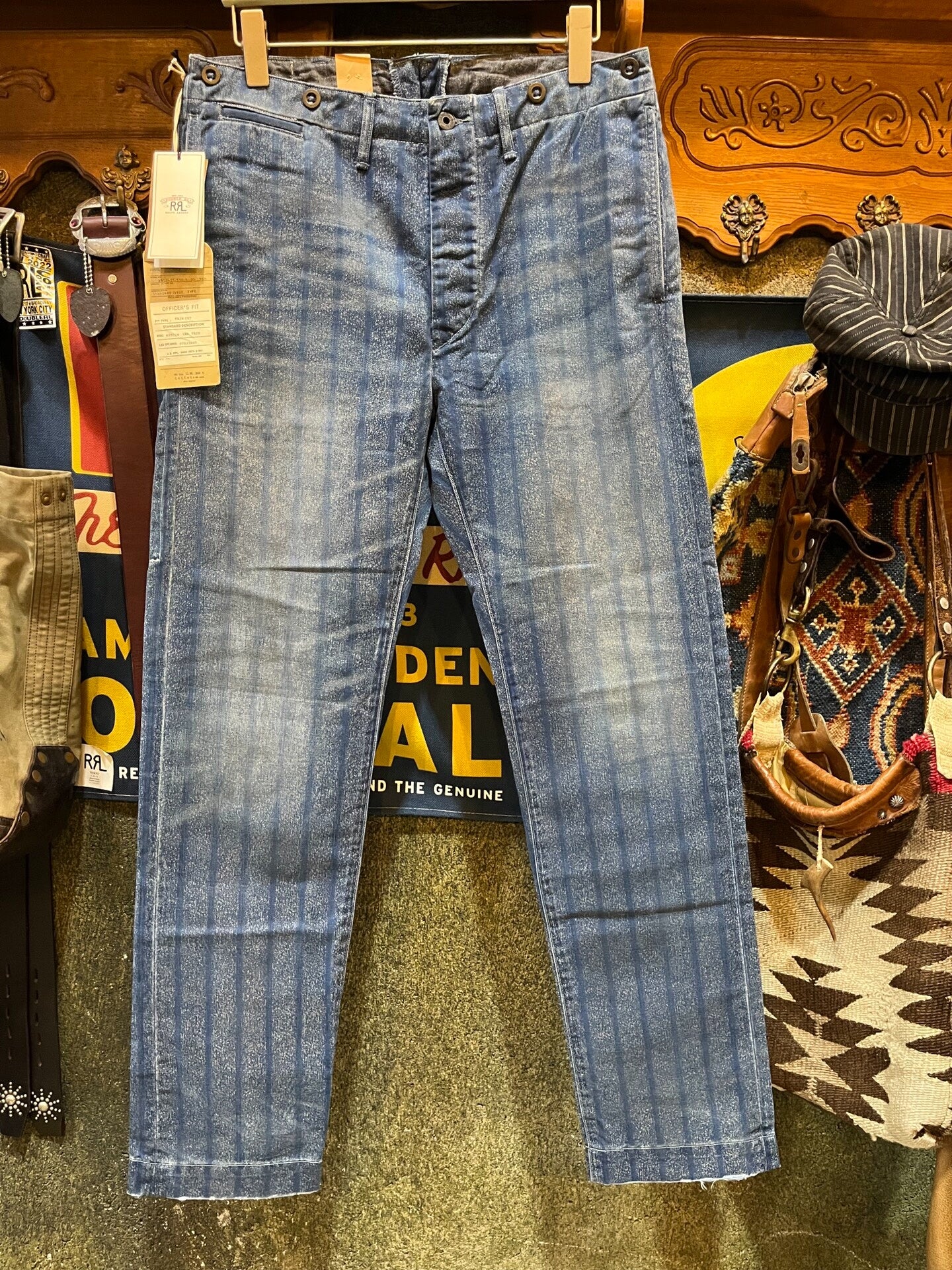 blue striped cotton twill pants