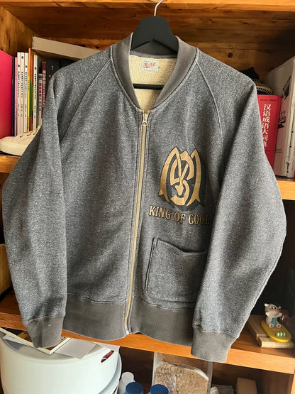 vintage gray zip-up sweatshirt with gold print