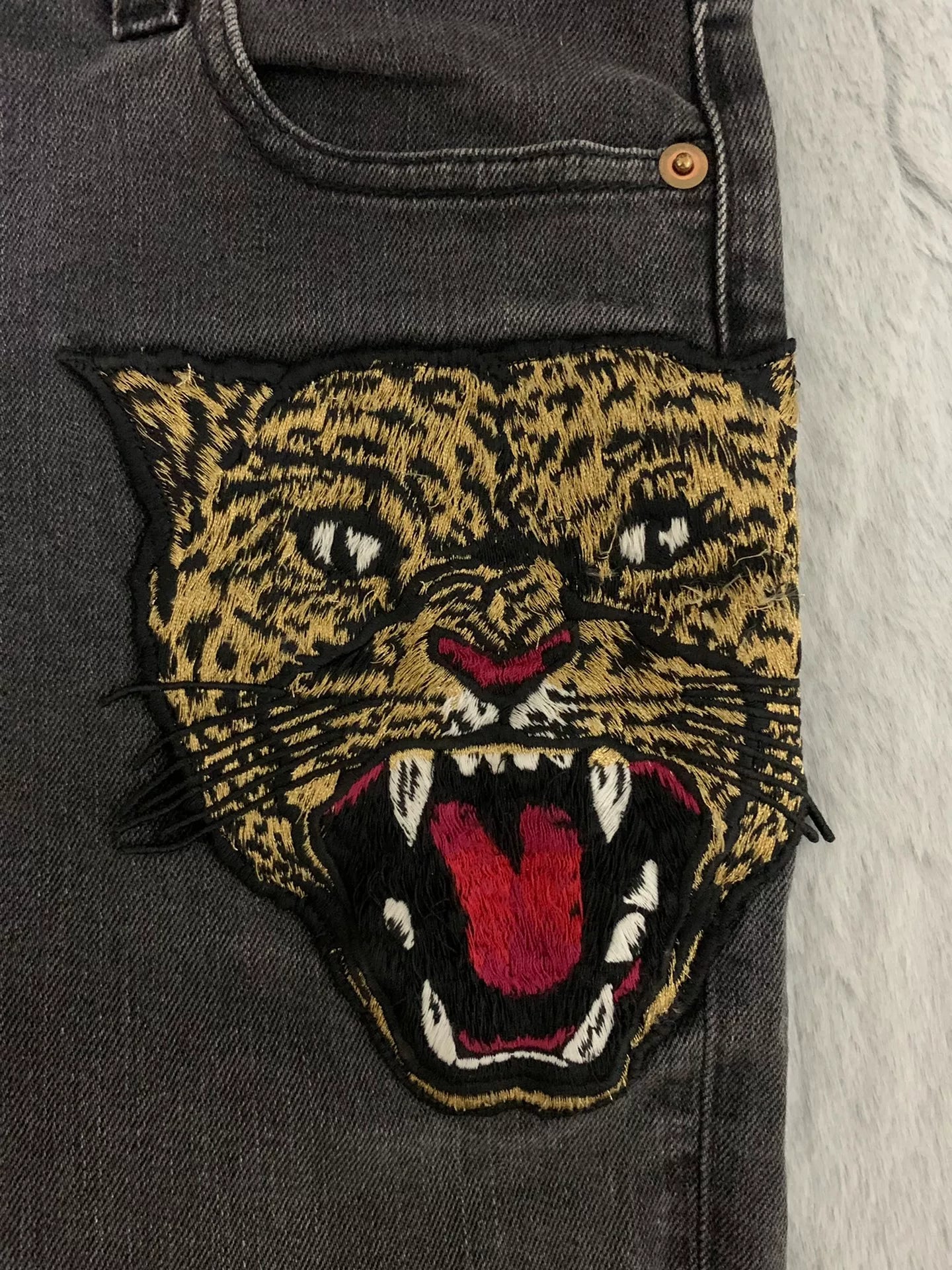 Gucci Gray Tiger Embroidered Denim Pants