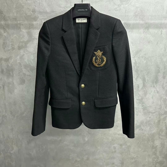 Saint Laurent Black Wool Blazer with Gold Crest
