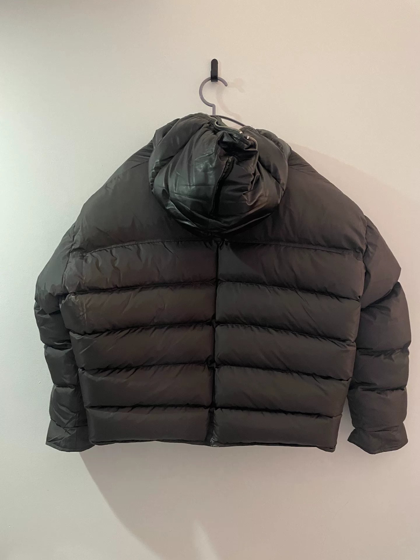 oversized gray-black leather cap puffer jacket