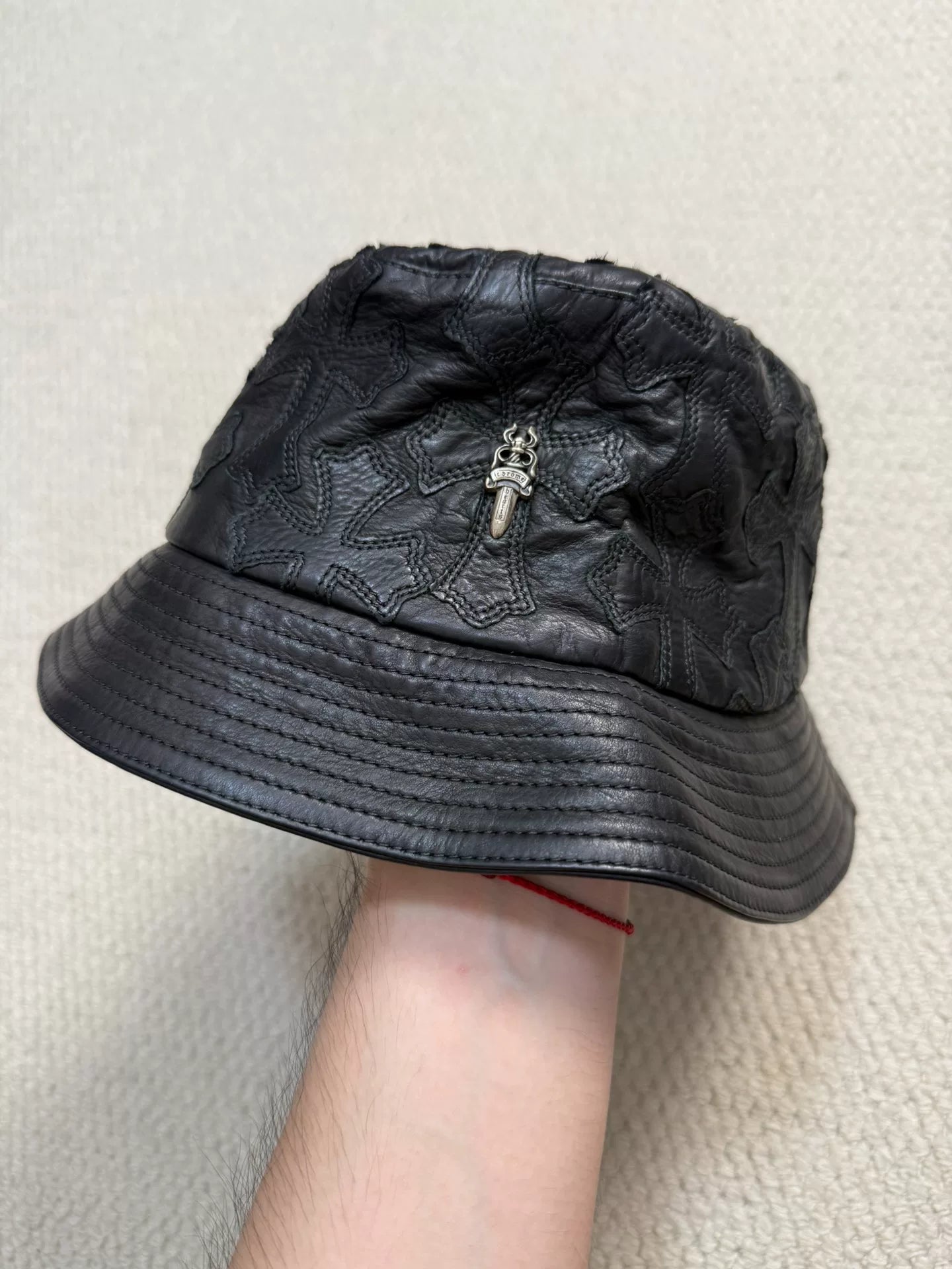 Chrome Hearts Silver Cross Leather Fisherman Hat
