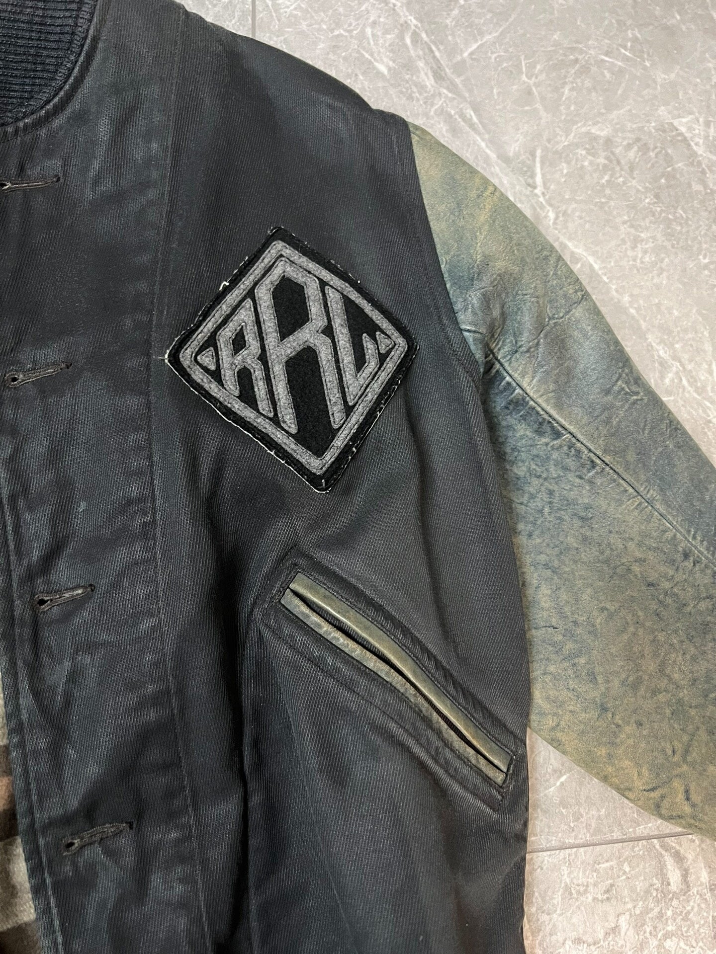 RRL Blue Dye Leather Sleeve Baseball Jacket