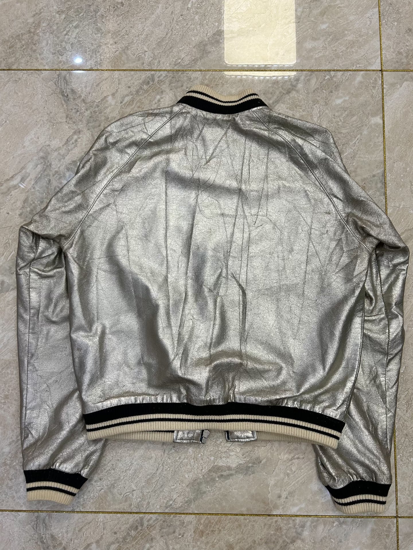 Saint Laurent Silver Leather Baseball Jacket