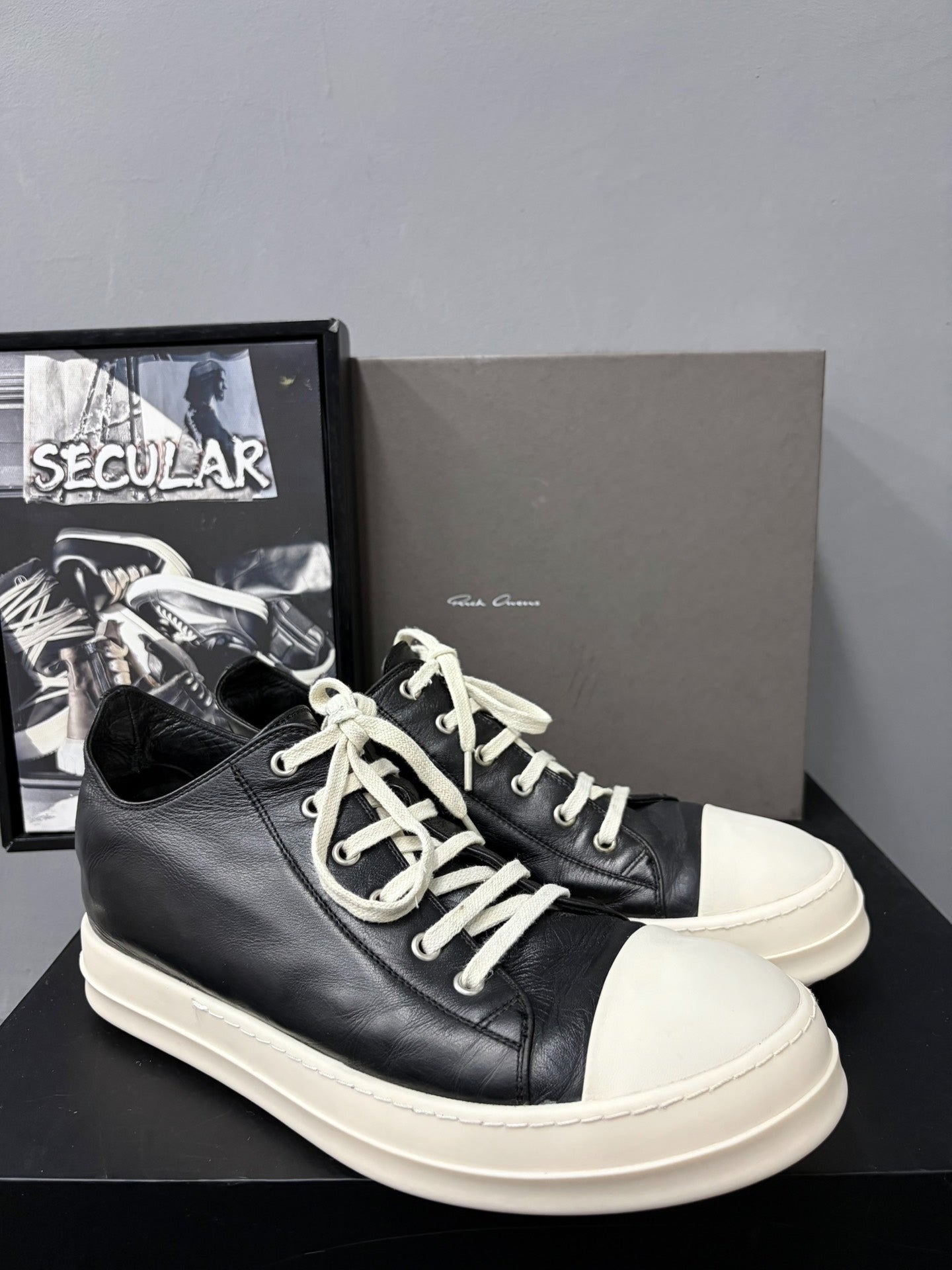 Rick Owens Leather Black White Low-Top Sneakers