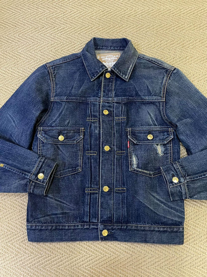 stylish blue denim jacket with gold buttons