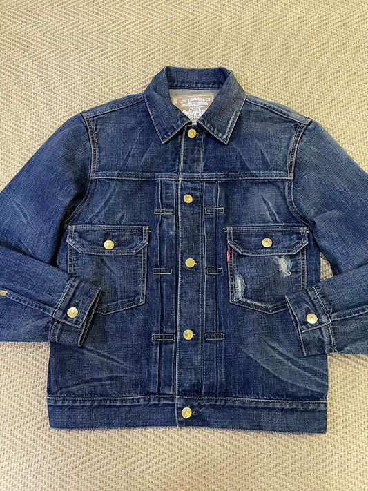 stylish blue denim jacket with gold buttons