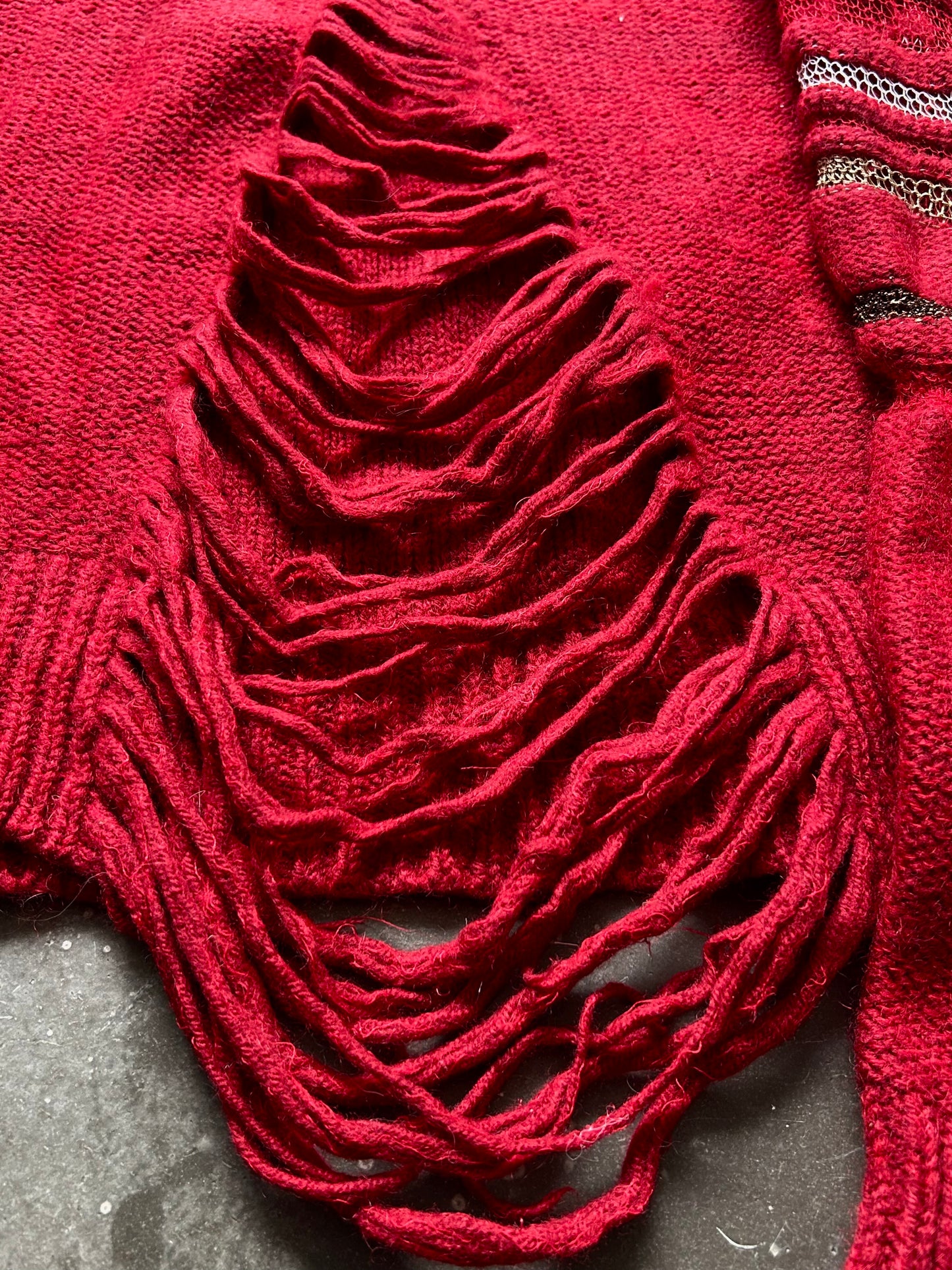 red knit distressed long sleeve sweater