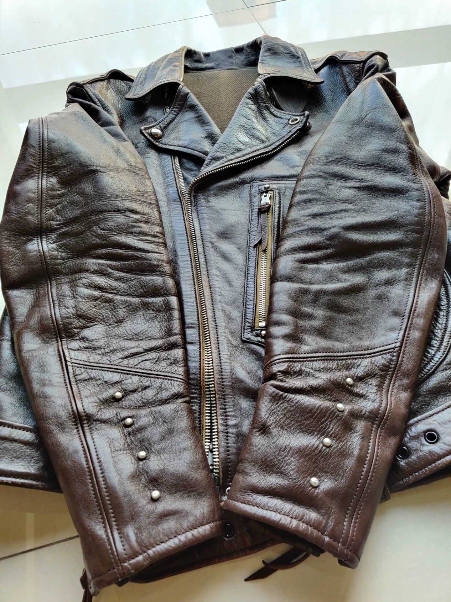 stylish brown leather biker jacket
