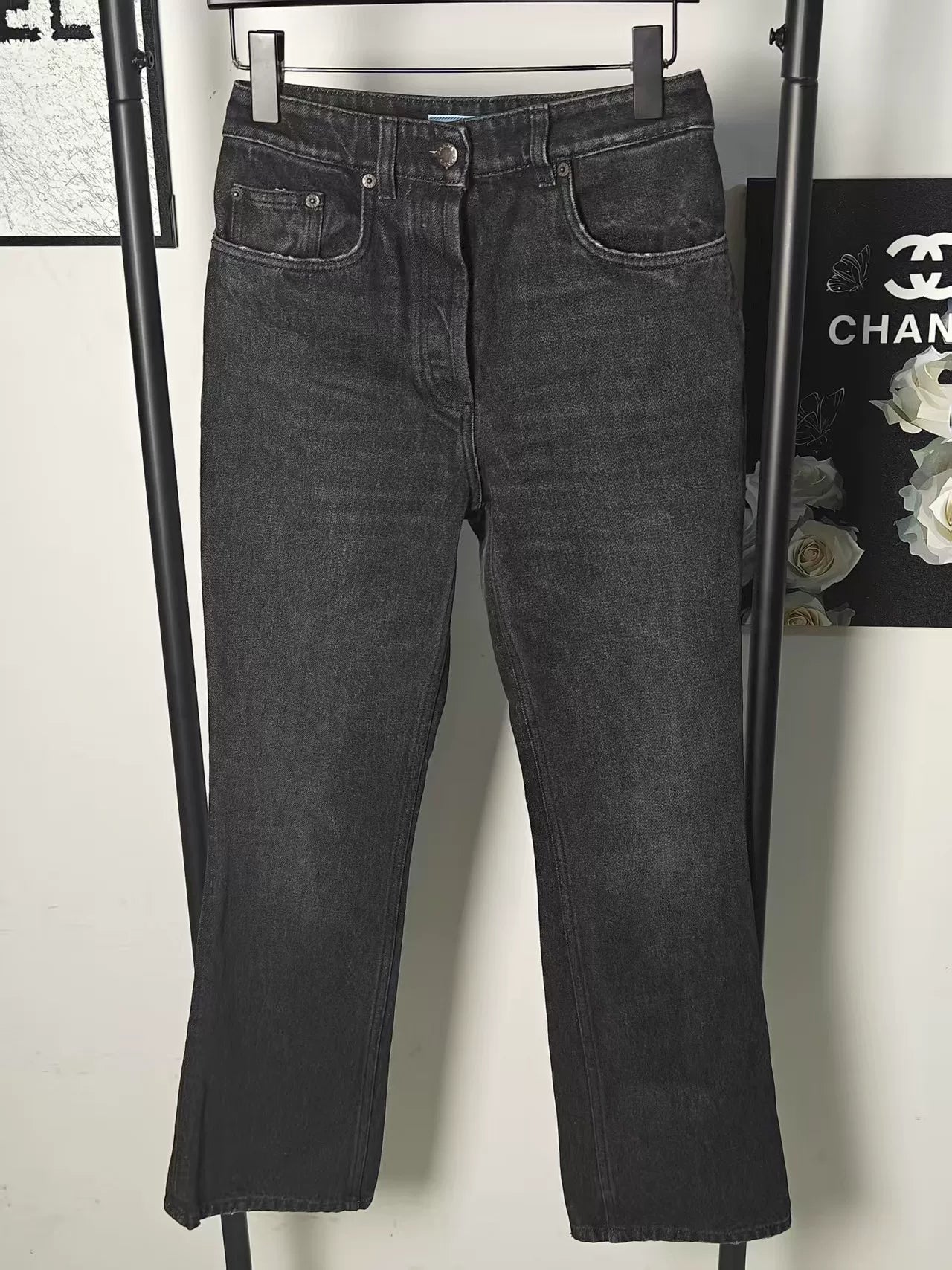 Prada Metallic Triangle Logo Denim Pants