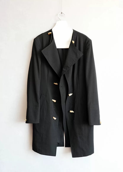 black double-breasted horn-button coat