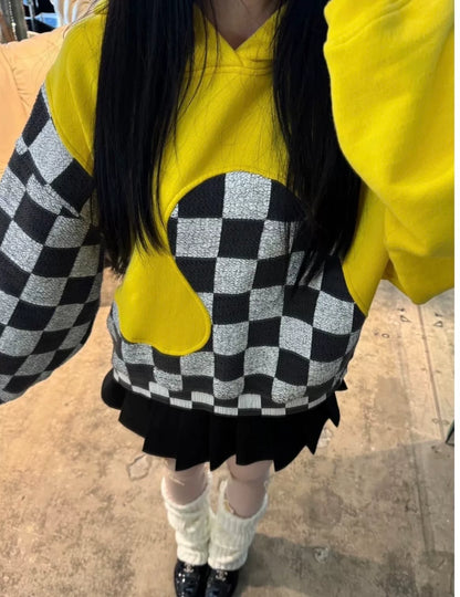 black and yellow checkerboard hooded sweatshirt