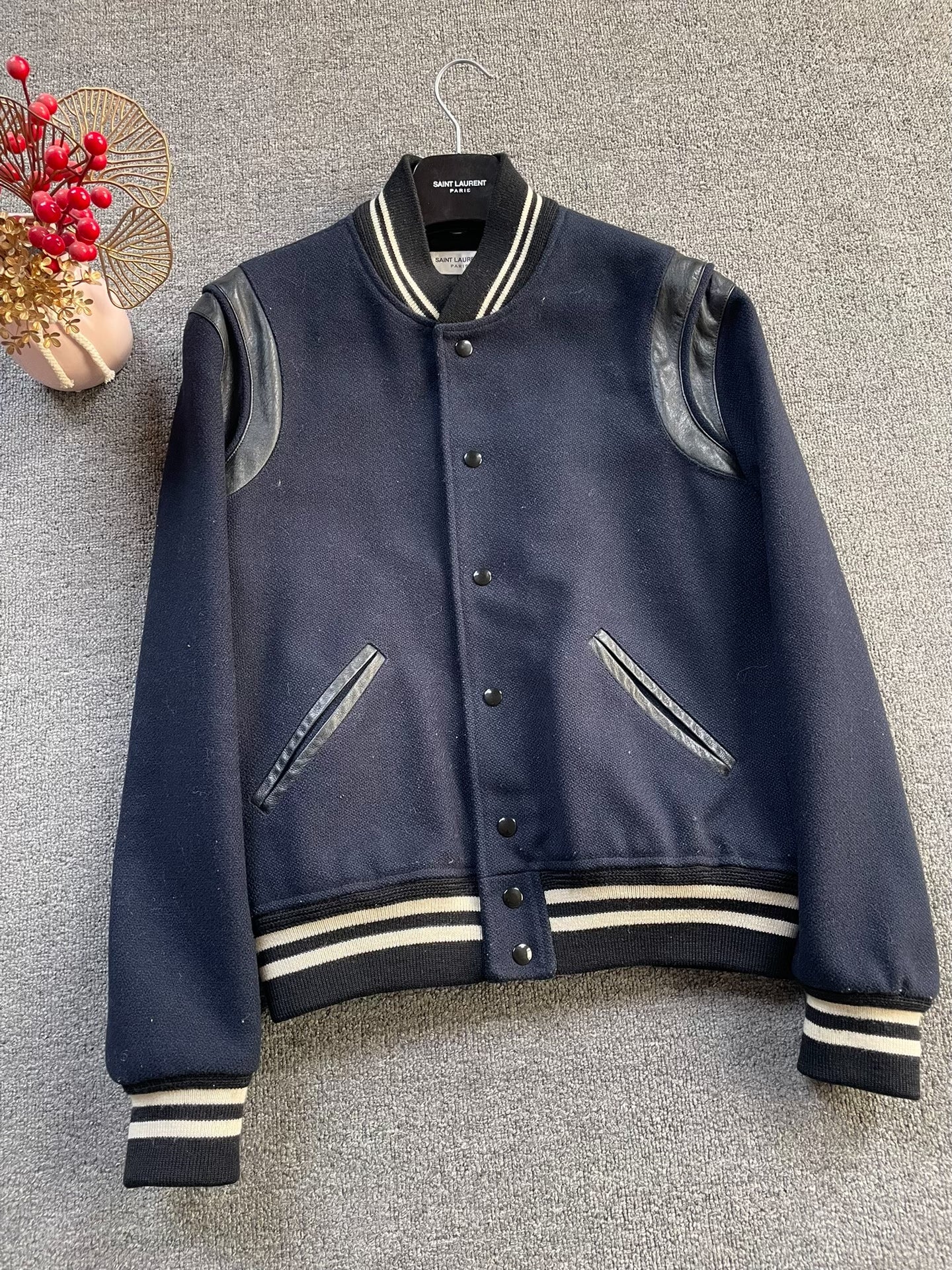 Saint Laurent Navy Wool Leather Sleeve Jacket