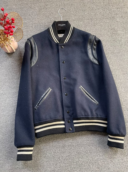 Saint Laurent Navy Wool Leather Sleeve Jacket