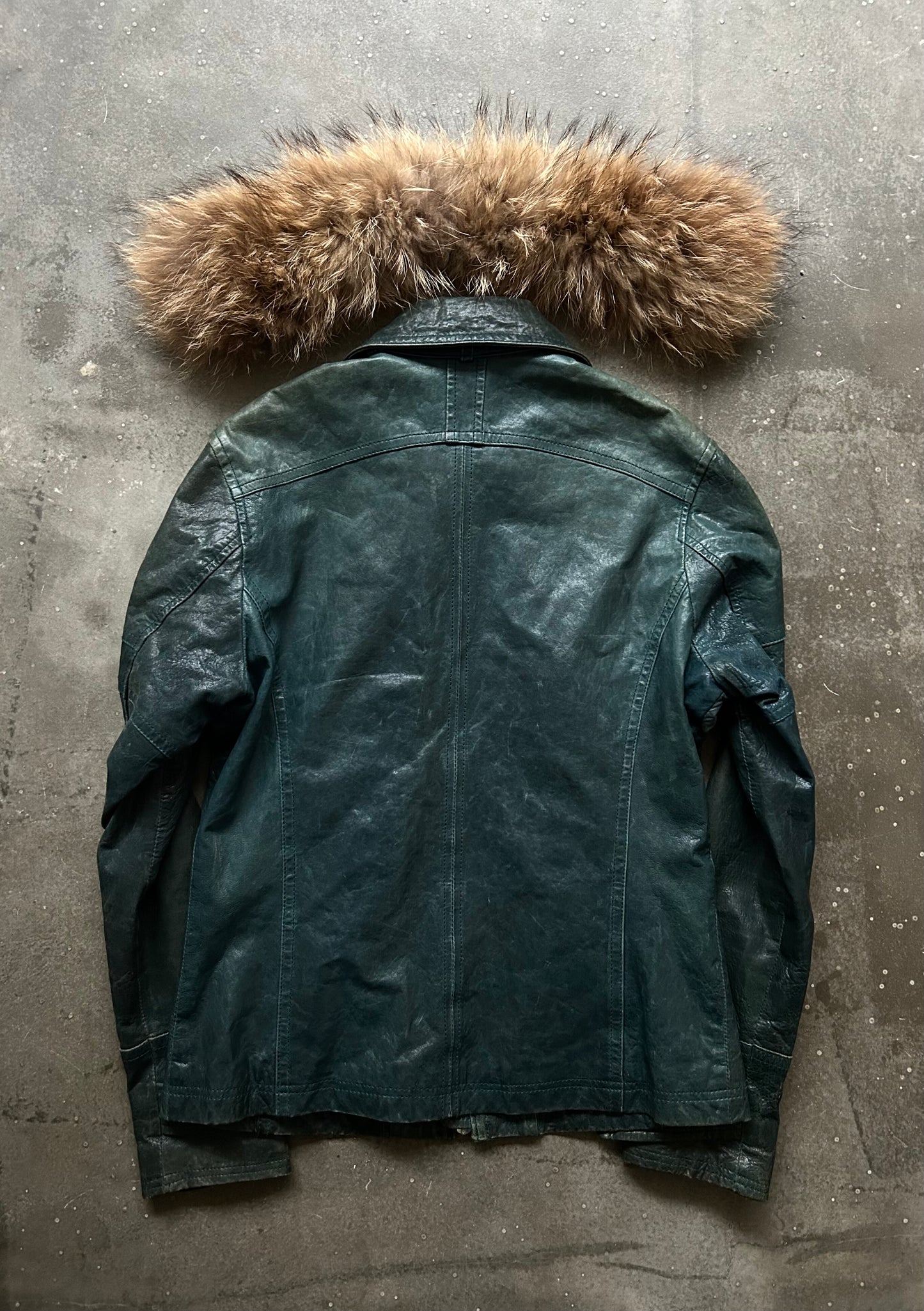 detachable fur collar distressed leather jacket