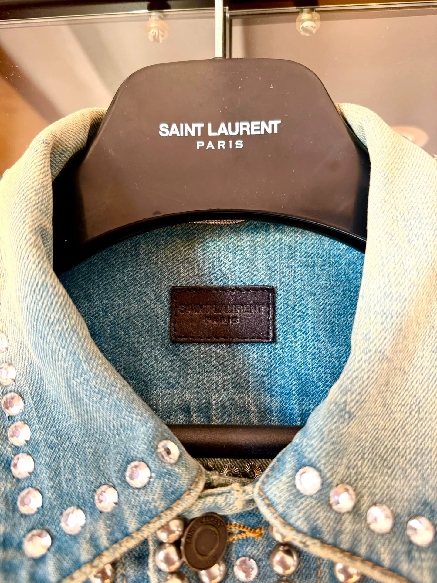 saint laurent light blue studded denim jacket