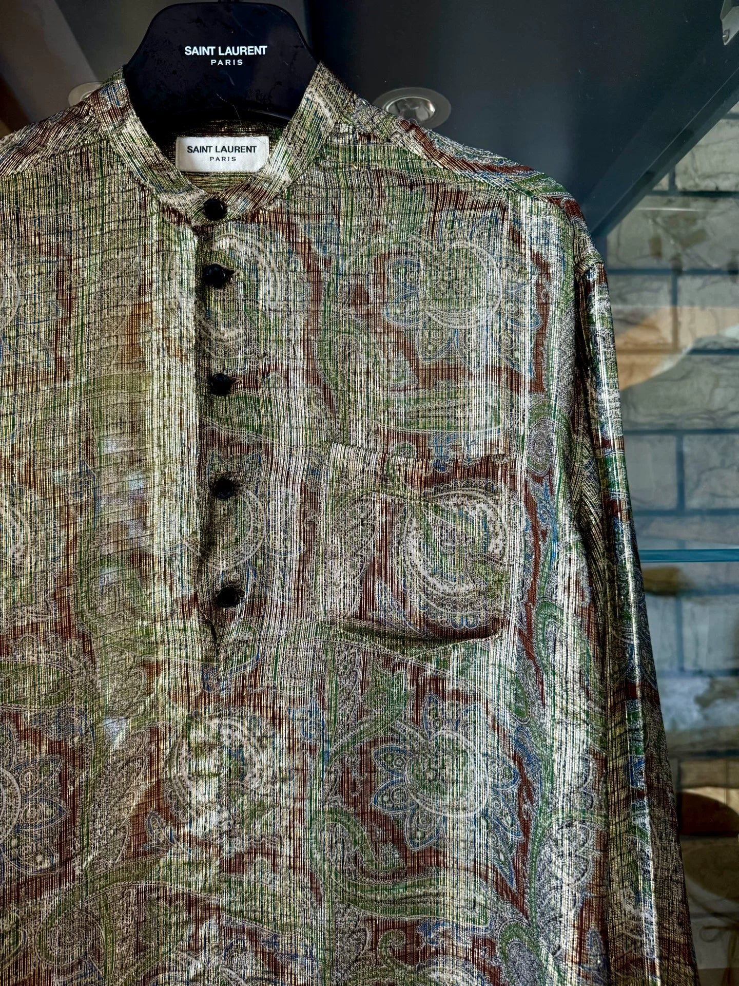 saint laurent silk shirt with golden patterns