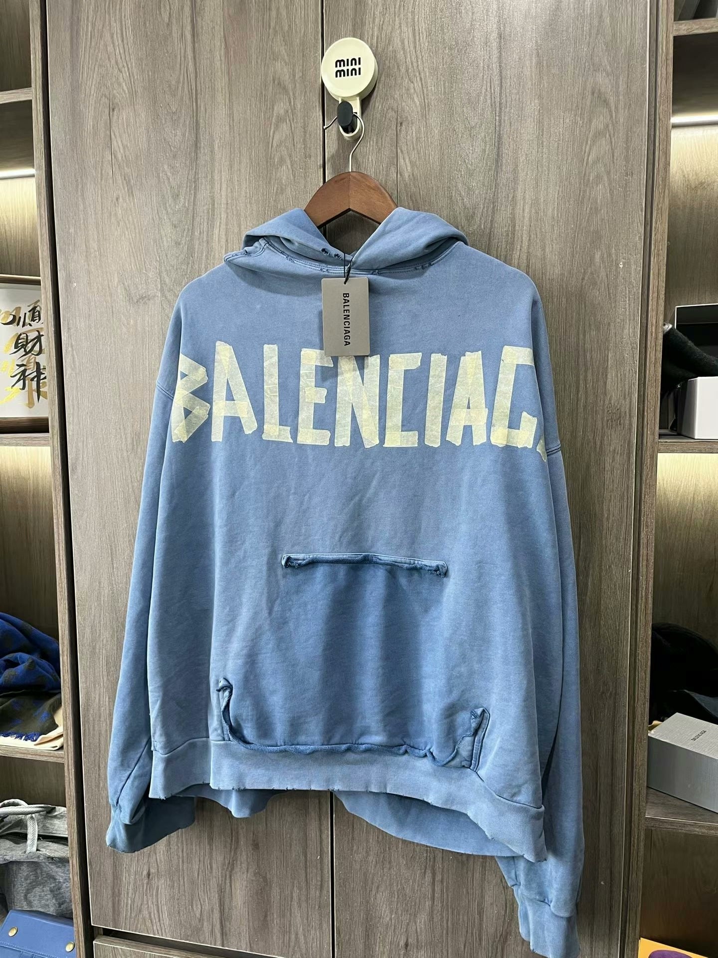 balenciaga blue hoodie with logo print