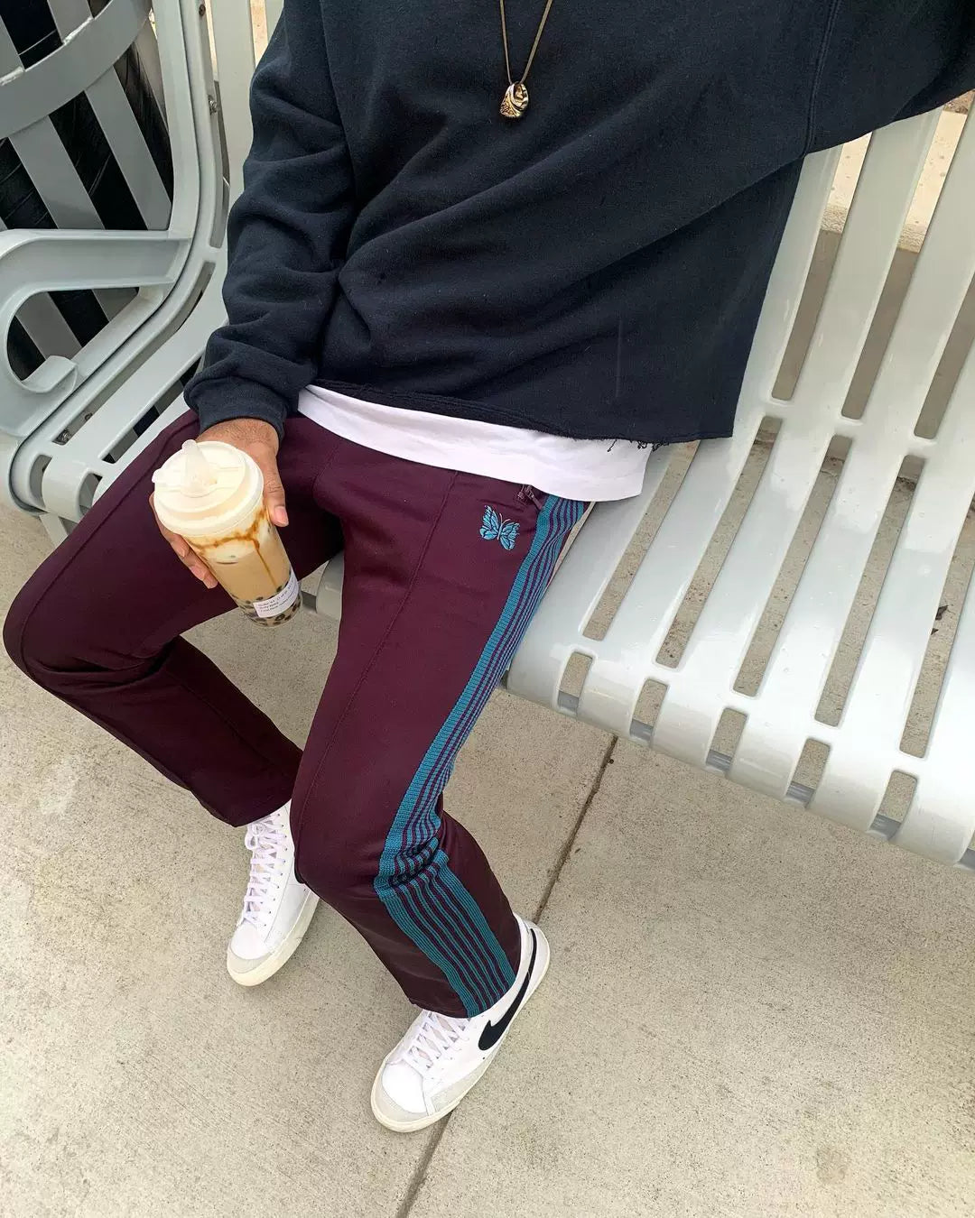 Needles Track Pant in Burgundy with Embroidery