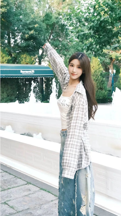 thom browne gray white plaid button-up shirt